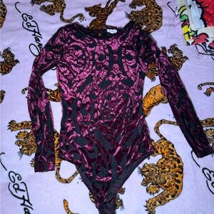 Velvet Burnout Long Sleeve Bodysuit - Black & Deep Berry